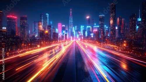 Vibrant city skyline at night, with light trails