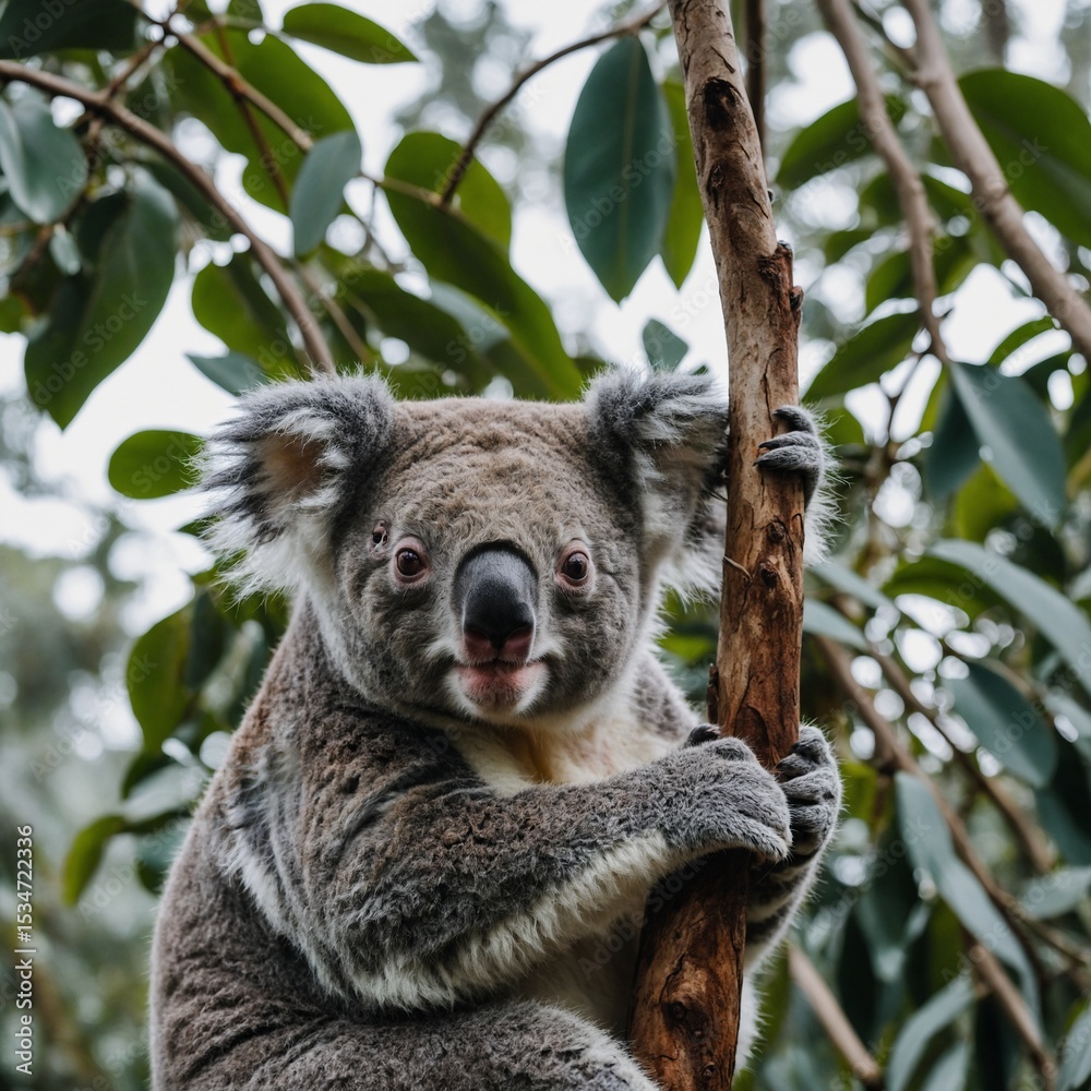 Fototapeta premium A koala in the jungle canopy, clear with white background