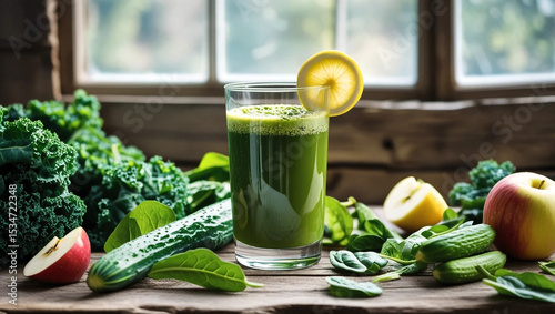 Photo of green spinach juice in a glass cup on a table, surrounded by fresh green vegetables, conveys a healthy, natural and refreshing impression with bright lighting and neat composition.