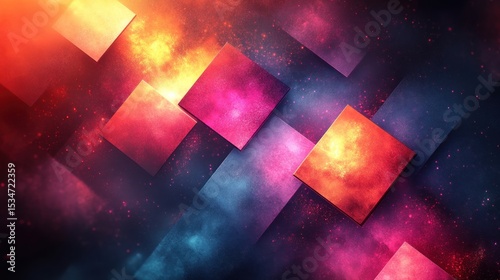 Abstract geometric squares in vibrant colors with nebula-like background