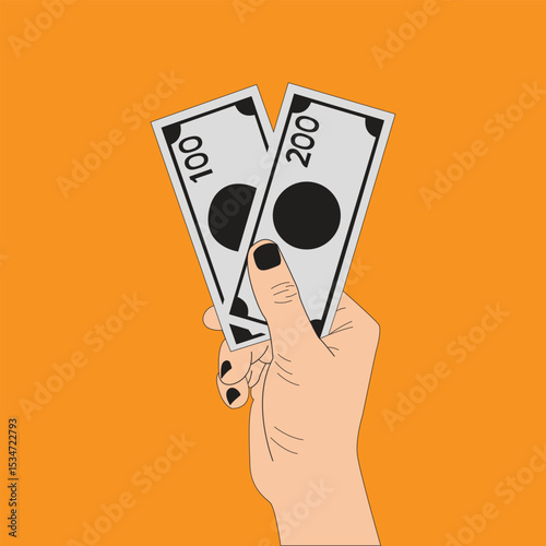 Hand Holding 100 and 200 Dollar Bills. Financial Exchange and Payment Concept.