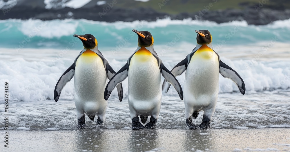 Fototapeta premium Three penguins waddle on a beach, waves crash