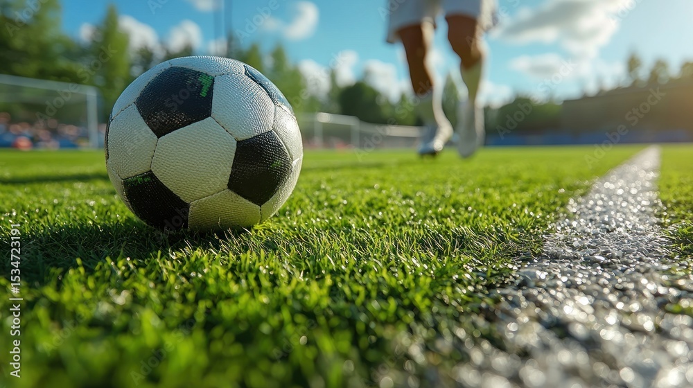 Fototapeta premium Soccer ball on field, player approaching