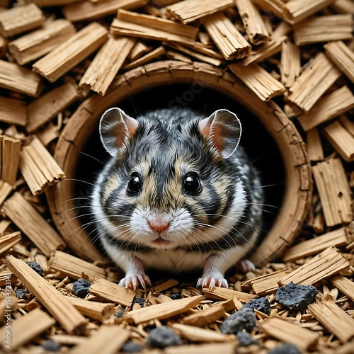 A dark grey Campbell's dwarf hamster pokes its head out of a pair of soft sawdust.