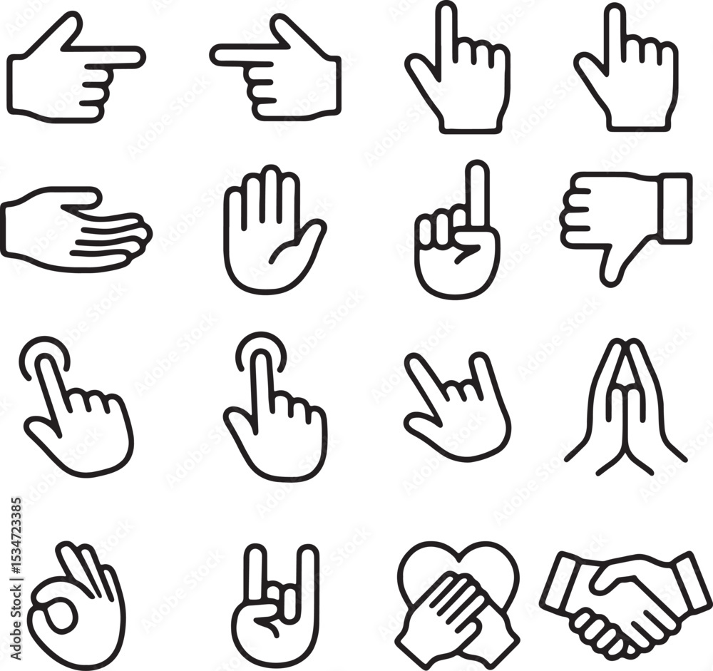 Fototapeta premium Hand Gestures Icon Set. Pointer Tap OK Pray Rock Handshake Outline.