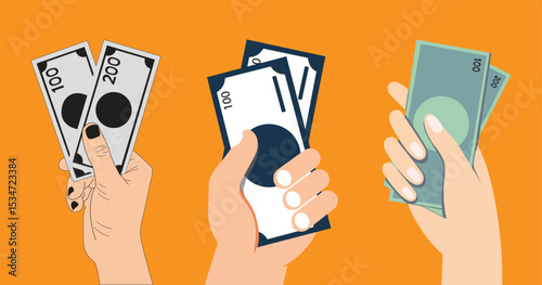 Set of Hands Holding Money. Diverse Currency and Financial Transactions.