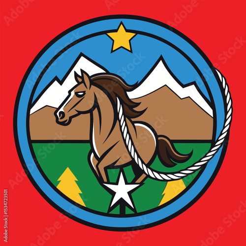 Cartoon Running Horse in a Circle with Mountain, Ropes, and Star Elements