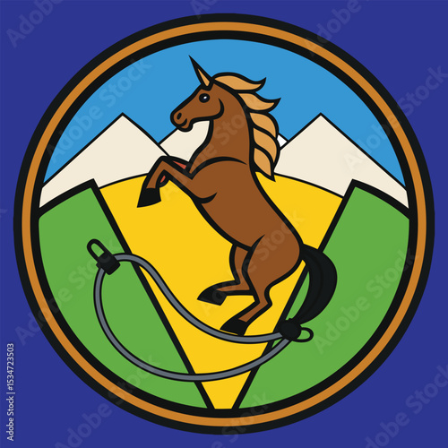 Cartoon Unicorn Rearing with Lasso in Mountain Landscape Circle Badge Design