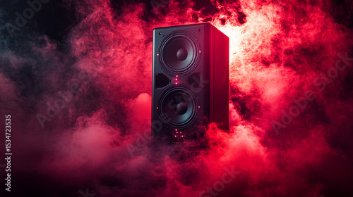 Powerful stereo speaker throbbing with bass amid swirling red smoke and dark ambience in dramatic