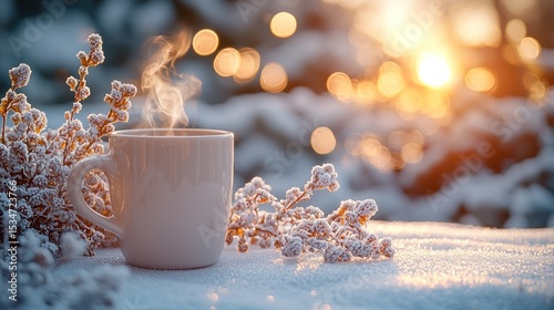 Warm drink in winter wonderland