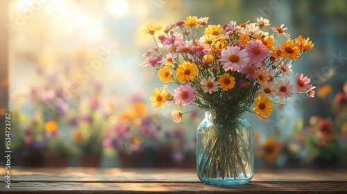 Colorful flower bouquet in a glass jar, bathed in sunlight