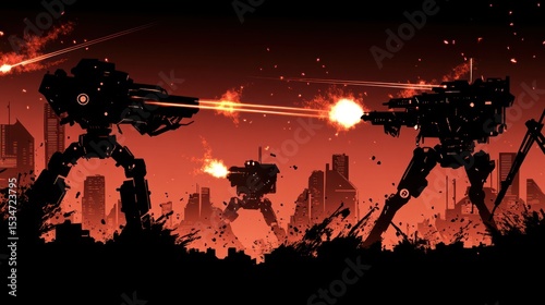 Silhouette robots battling in a futuristic city at night