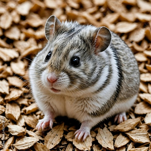 Silver-grey Jacaranda hamster roasting on soft wood chips looking up lovingly