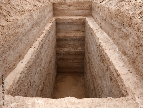 A layered excavation pit in light tan earth.