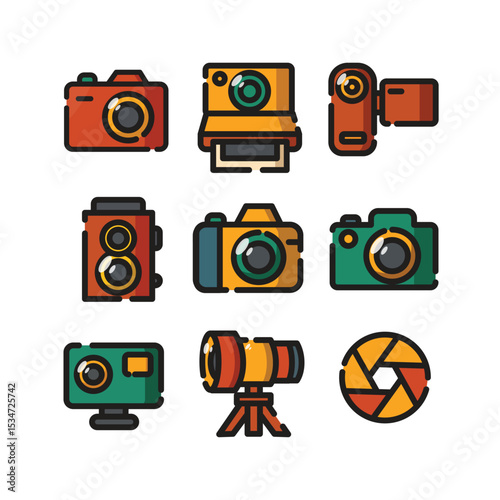 Nine colorful camera icons, a lens, and a diaphragm suitable for photography themes, web design, digital media, and creative concepts
