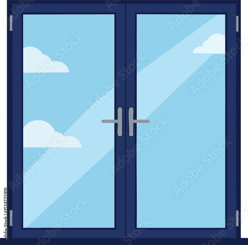 Double glass window with blue frame and sky reflection vector illustration 