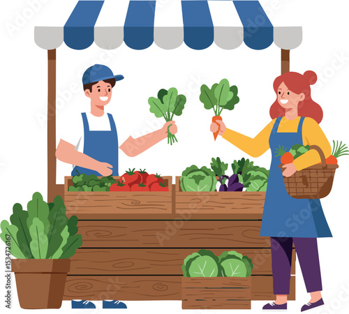 Farmers market stall with vendor and woman buying fresh vegetables in apron and cap 