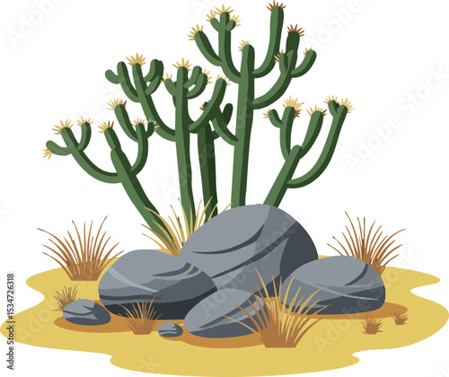 Desert cactus plant with rocks and dry grass cluster illustration in natural habitat 