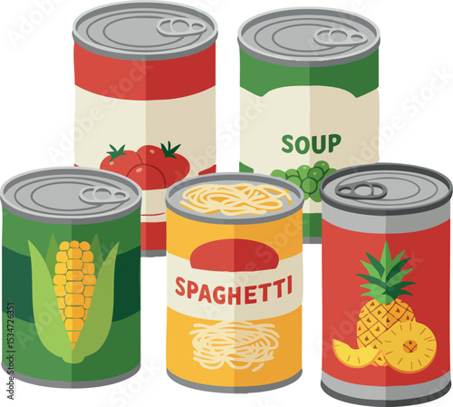 Canned Food Collection with Tomato Corn Pineapple Spaghetti and Pea Soup Vector Illustration 