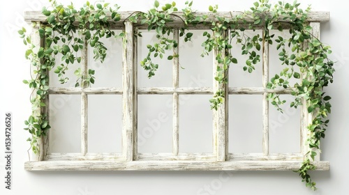 3D render of a vintage window pane wall decor with faux greenery on white background