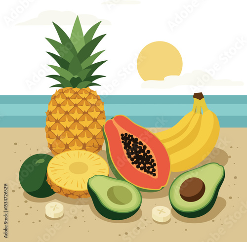 Tropical fruits pineapple papaya banana avocado fresh summer beach vector illustration 