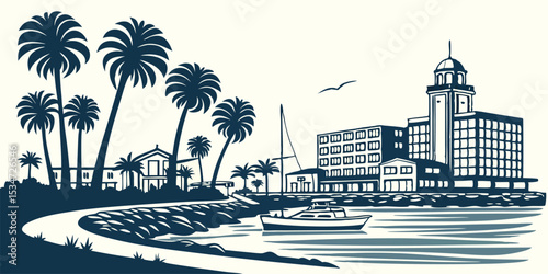 California Beach Town Silhouette – Oxnard with Palms and Waterfront