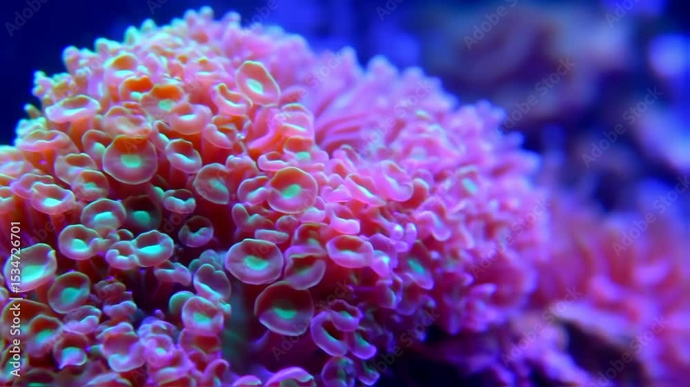 Close-up of vibrant pink and orange hammer coral with turquoise tips in blue aquarium water environment, showcasing intricate textures. Close-up of vibrant pink and orange hammer coral with turquoise tips in blue aquarium water environment, showcasing intricate textures.