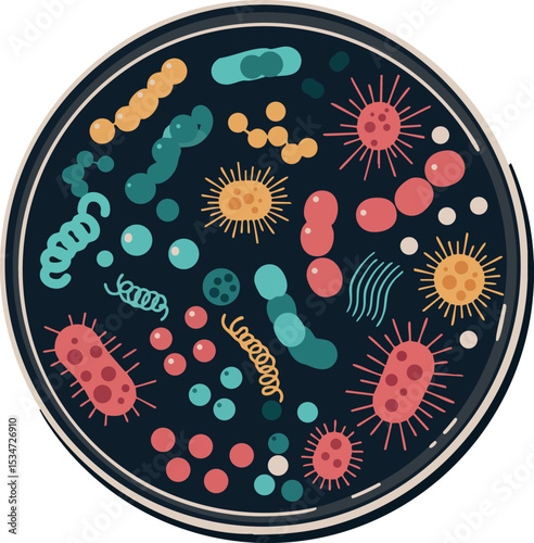 Colorful bacteria and microbes illustration in petri dish vector design for science education 