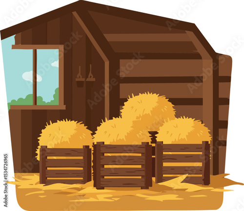Rustic wooden barn with hay bales and crates in countryside farm setting vector illustration 