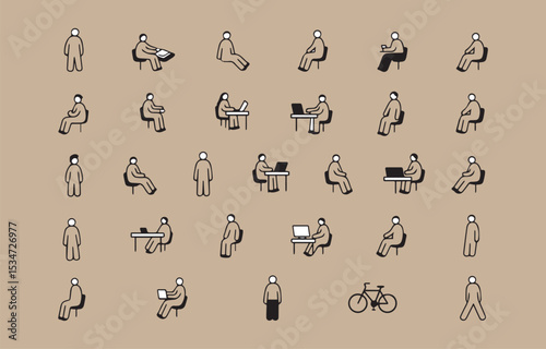 Collection of simple stick figures in various poses sitting working and relaxing