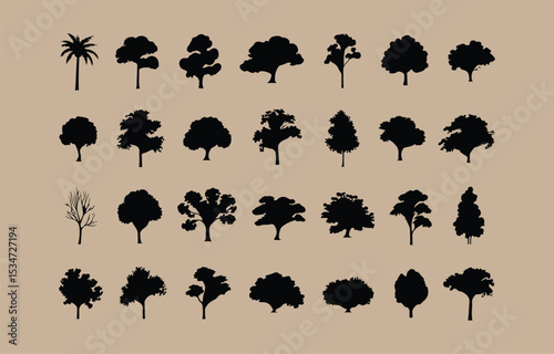 Collection of twenty eight diverse tree silhouettes black on beige background