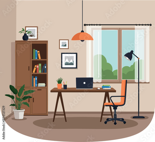 Home office workspace with wooden furniture laptop and plants in modern room interior 