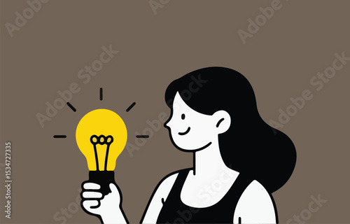 Happy woman holding a bright light bulb idea concept illustration