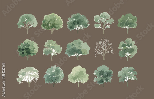 Collection of fifteen watercolor style green trees on brown background for design projects