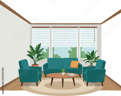 Modern living room interior with teal sofa armchairs wooden coffee table and green plants 
