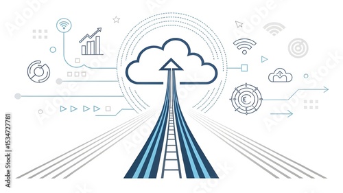 Digital transformation journey with cloud technology and growth symbols