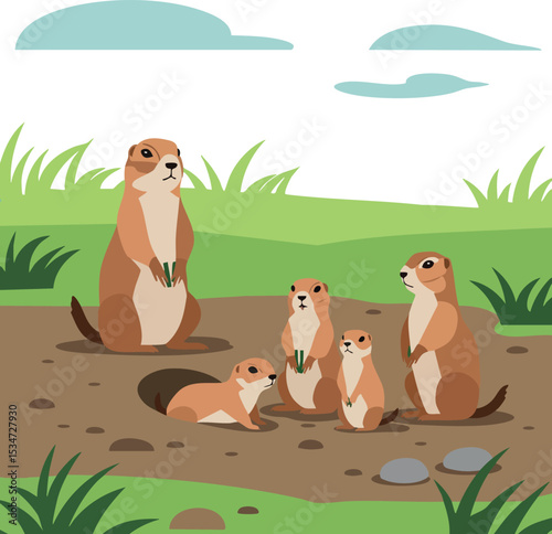 Prairie dog family group in natural habitat with grass and sky vector illustration 