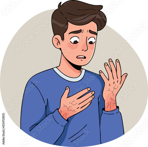 Man with red rash on hands worried about skin irritation health problem vector illustration 