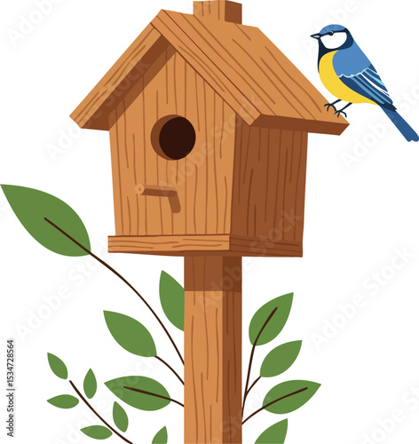 Wooden birdhouse with blue tit perched on pole surrounded by green leaves illustration vector 