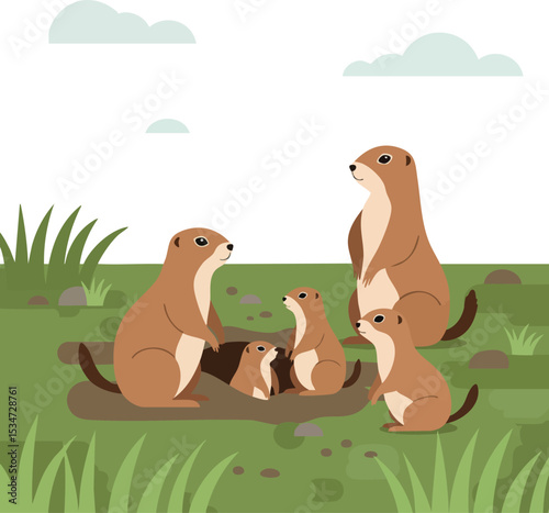 Prairie dog family socializing on green grassland with cloudy sky vector illustration 