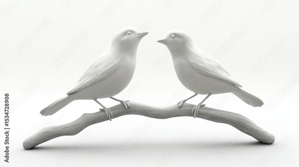 Fototapeta premium 3D render of a ceramic bird pair sculpture on branch on white background