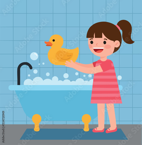Little girl playing with rubber duck in blue bathtub with bubbles vector illustration 