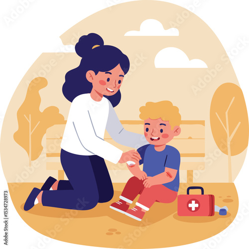 Woman Caring for Boy with First Aid Kit in Park Scene Vector Illustration 
