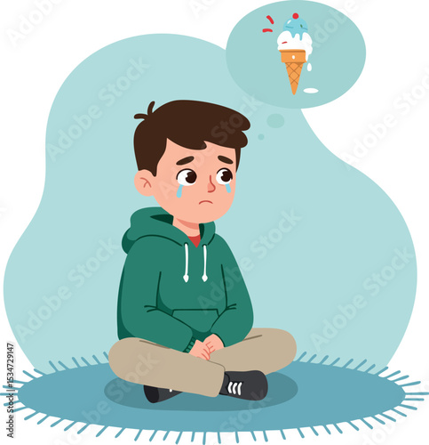 Sad boy in green hoodie thinking about ice cream vector illustration in calm blue tones 