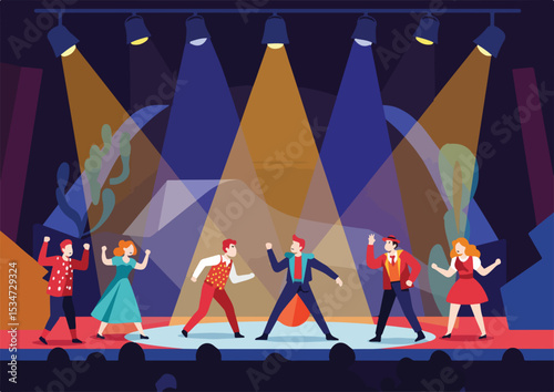 flat, design, vector, actor, isolated, set, illustration, art, theater, play, entertainment, performance, cartoon, show, drama, cinema, icon, scene, element, theatre, flat design , camera, movie,
