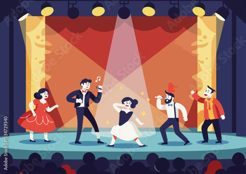 flat, design, vector, actor, isolated, set, illustration, art, theater, play, entertainment, performance, cartoon, show, drama, cinema, icon, scene, element, theatre, flat design , camera, movie,