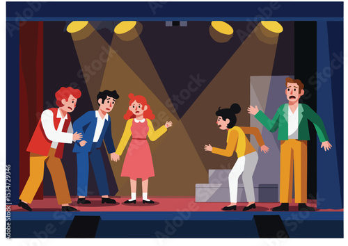 flat, design, vector, actor, isolated, set, illustration, art, theater, play, entertainment, performance, cartoon, show, drama, cinema, icon, scene, element, theatre, flat design , camera, movie,