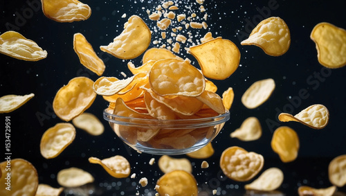 A photo of potato chips in a bowl floating in the air, featuring a crunchy texture and dynamic motion effect, creates a light, tempting impression, and is suitable for snack advertising visuals.