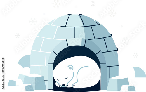 Polar bear sleeping inside igloo in cold snowy environment vector illustration 