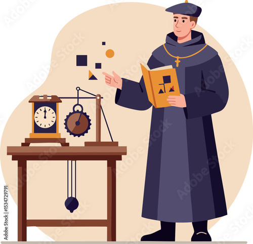 Scientist studying physics principles with pendulum clock and book vector illustration 